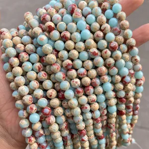 Natural sea sediment jasper round beads for DIY jewelry making in mixed blue and earth tones