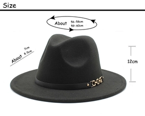 Detailed size chart for black wool fedora hat with leather belt and golden chain accent