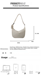 Detailed size specifications for beige nylon crescent tote bag with dimensions and strap