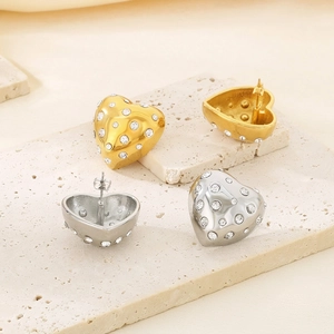 Boucles D'oreilles Puces Cœur En Acier Inoxydable Strass Brillant Vintage Français Plaqué Or Femme