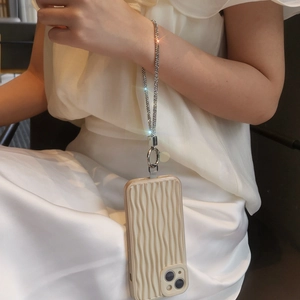 Elegant wavy cream phone case with long sparkling rhinestone lanyard for women