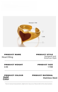 Detailed size specifications of 18K gold-plated stainless steel heart ring with red enamel