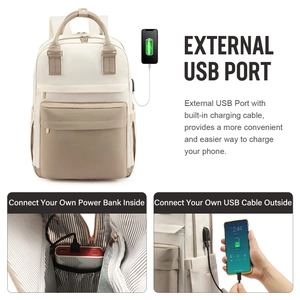 Detail of laptop backpack with external USB charging port and integrated internal power cable