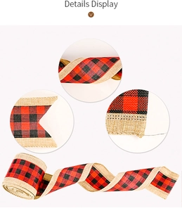 Macro display showing red and black buffalo plaid ribbon with beige faux burlap edges