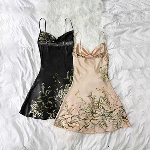 Elegant floral print satin slip nightgown in black and champagne colors with cowl neck