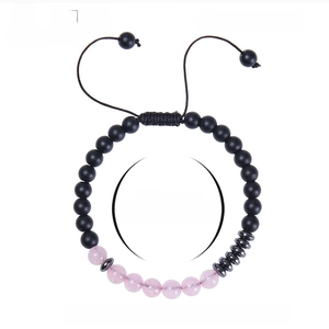 Morse code mother daughter bracelet with pink quartz and matte black beads for women