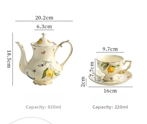 Detailed dimensions of lemon pattern ceramic teapot and cup set with gold trim