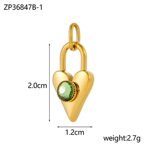 Gold heart-shaped locket pendant with green zircon gemstone, 2.0cm high and 1.2cm wide