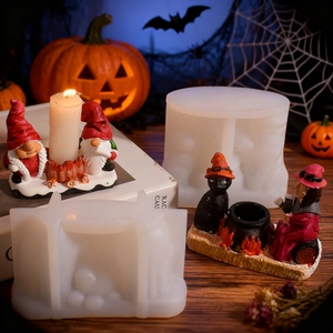 Detailed silicone mold showing witch and cat cauldron candle holder for DIY crafts