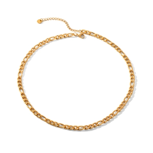 Close-up of 18K gold plated Figaro chain necklace with lobster clasp and extender