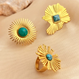 Bohemian Sunburst Ring Stainless Steel Gold Plated Turquoise Adjustable Open Band Vintage Ethnic Jewelry For Women