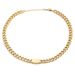 Fashion Stainless Steel Gold Curb Chain Jewelry Set For Women Plain Rectangular Tag Cuban Link Necklace And Bracelet Commuter Jewelry