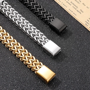 Three men's woven stainless steel bracelets in gold, silver, and black finish with square clasp