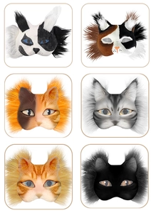 Detailed grid of six DIY cat masks with faux fur texture and metal mesh eye holes