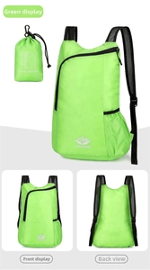 Foldable neon green hiking backpack with compact storage pouch and mesh shoulder straps