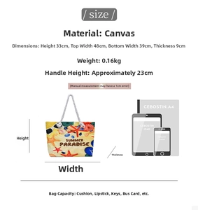 Detailed size chart of the yellow beach canvas tote with shell print and A4 comparison