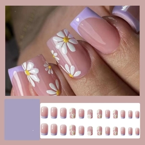 Short French pink daisy press-on nails set with 24 pieces for women's manicure decor