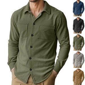 Men Corduroy Shirt Long Sleeve Turndown Collar Chest Pockets Casual Solid Color Button Down Top