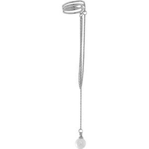 Silver fringe clip-on earrings with white pearl and long chain tassel on white background