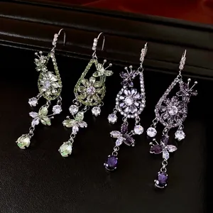 Zircon Butterfly Flower Drop Earrings Copper Exquisite Luxury Teardrop Tassel Retro Fashion Jewelry Accessories For Women