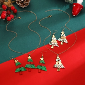 Festive Christmas tree necklace and earrings set with gold star charms for women