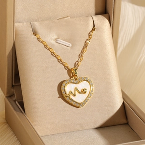 Heart Pendant Necklace Stainless Steel Mother Of Artificial Pearl Shell Cubic Zirconia EKG Heartbeat Line Fashion Jewelry For Women Gift