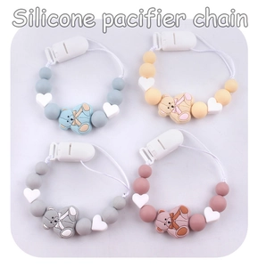 Silicone pacifier chain set with cute bear and heart beads in four pastel colors