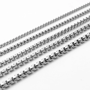 Polished silver stainless steel box chain necklaces in five different width sizes