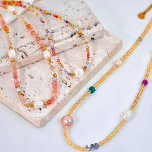 Beaded Necklace Freshwater Pearl Natural Stone Colorful Crystal Stainless Steel Handmade Bohemian Style For Women Heart Charm