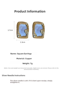Detail view of gold-plated square floral earrings with size dimensions and specifications