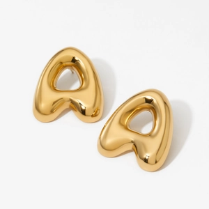 Minimalist gold stainless steel stud earrings in polished triangular letter A design