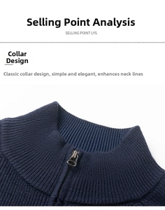 Detail of navy blue knit sweater featuring ribbed collar and silver metal zipper