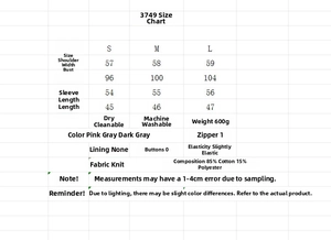 Detailed size chart for women's hooded sweatshirt set showing dimensions and fabric specs