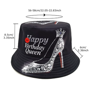 Black cotton bucket hat with Happy Birthday Queen rhinestones and dimensions shown