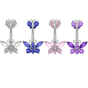 Set of four butterfly navel rings featuring vibrant zircon stones in silver finish