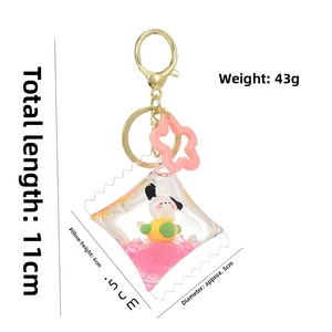 Detail view of the liquid glitter keychain dimensions with dog figure and pink fluid