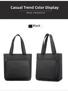Detailed front view of black water-resistant nylon tote bag with large zipper pocket