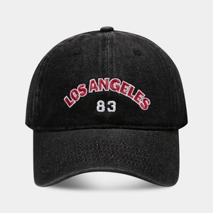 Black washed denim baseball cap with Los Angeles embroidery and classic 83 number