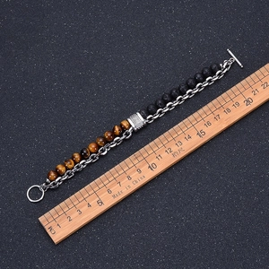 Men's double-layer bracelet with tiger eye beads, lava stones and stainless steel chain