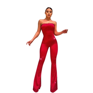 Red tube top jumpsuit with shimmering rhinestones and wide leg flared trousers design