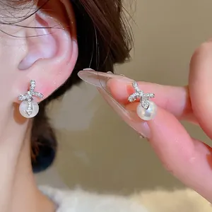 Strik Kunstparel Oorknopjes Met Zirkoon Koper En 925 Sterling Zilveren Oorstokje Elegante Sieraden Voor Dames