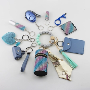 Multifunctional blue self-defense keychain set with rhinestone accents and alarm