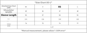 Detailed size chart for women's casual striped shirt showing XS to L measurements in CM