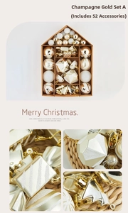 52-piece champagne gold and white Christmas ornament set in house-shaped gift box