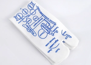 Detail of white reflexology socks showing blue foot acupoint map and English anatomical labels