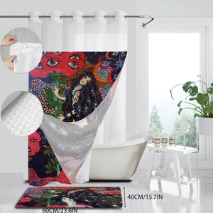 Detail of waterproof double-layer shower curtain and matching floor mat set with surreal art