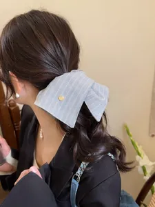 Detail of light blue striped bow hair clip with gold logo on dark brunette hair