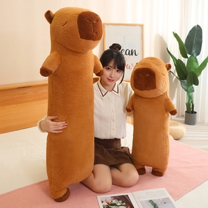 Cartoon Capybara long plush pillow doll in dark brown soft fabric for bedroom decor