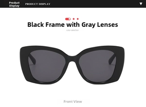 Front view of oversized black designer sunglasses with dark grey lenses for sun protection