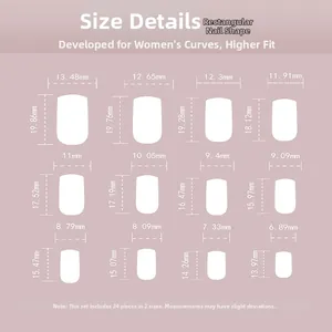 Guide des tailles montrant largeur et longueur pour 24 faux ongles carrés longs violets